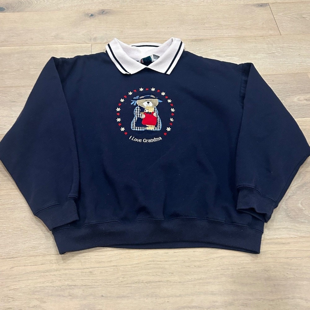 Vintage 90's I Love Grandma Teddy Bear Embroidered Collared Sweatshirt Navy L